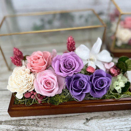 ガラスケース入り プリザーブドフラワー ピンク&ラベンダー