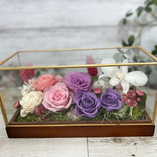 ガラスケース入り プリザーブドフラワー ピンク&ラベンダー