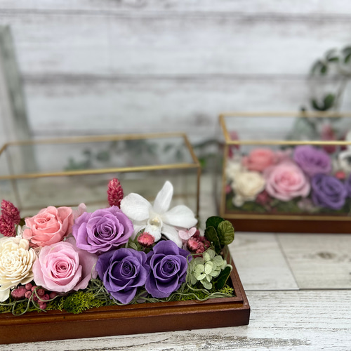 ガラスケース入り プリザーブドフラワー ピンク&ラベンダー