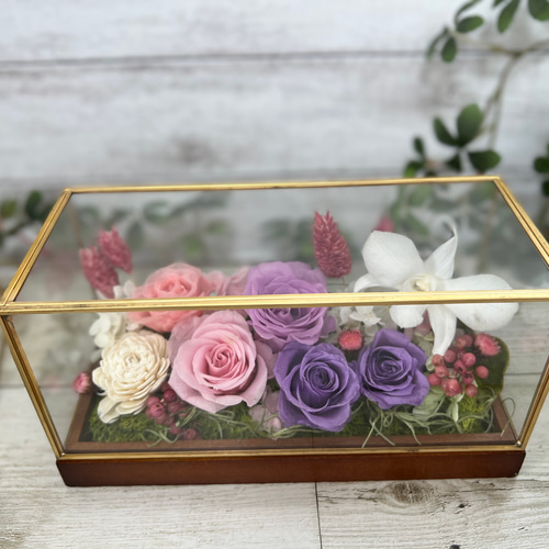 ガラスケース入り プリザーブドフラワー ピンク&ラベンダー