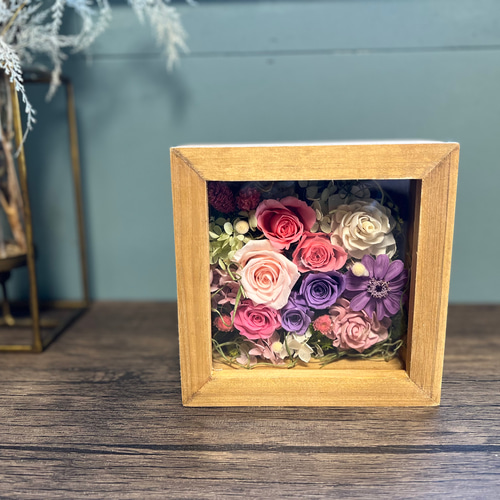 木製フレームガラス入り 壁掛け 卓上 2way プリザーブドフラワー