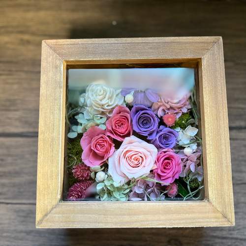 木製フレームガラス入り 壁掛け 卓上 2way プリザーブドフラワー