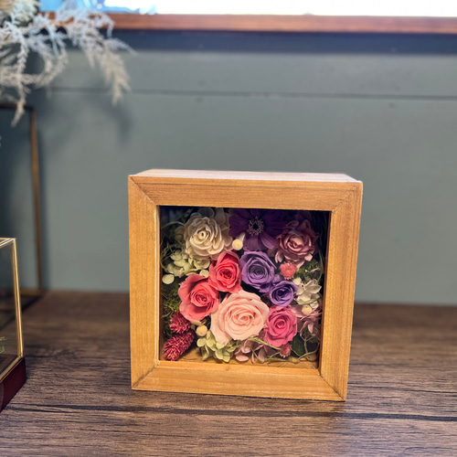 木製フレームガラス入り 壁掛け 卓上 2way プリザーブドフラワー