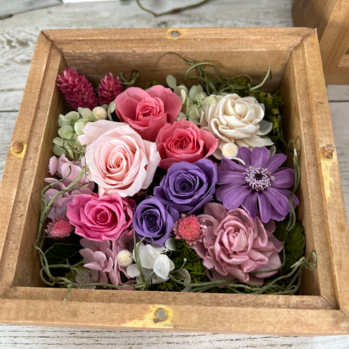 木製フレームガラス入り 壁掛け 卓上 2way プリザーブドフラワー