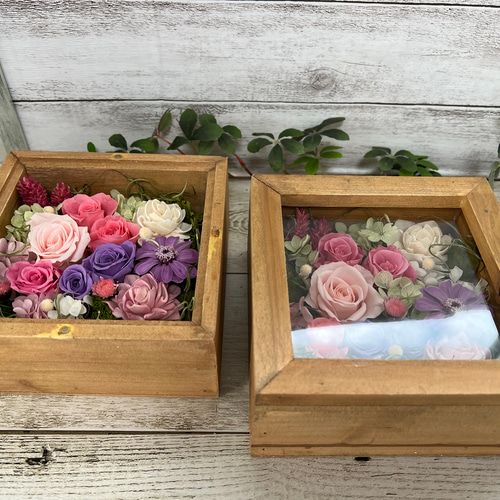 木製フレームガラス入り 壁掛け 卓上 2way プリザーブドフラワー