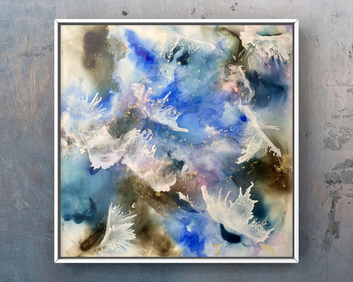 アルコールインクアート　原画 イルカ 額装 30cm✖️30cm アルコールインクアート 原画 「水と空と」 絵画