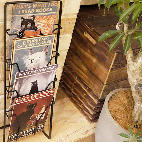 ブリキ製壁掛けレトロアートポスター 黒猫 本 イラスト DESIGNERS