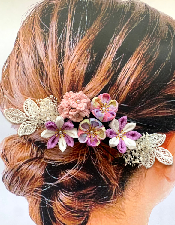 優しい色合わせのパープルピンク系つまみ細工髪飾り　#成人式　#卒業式　#七五三　#かすみ草 3枚目の画像