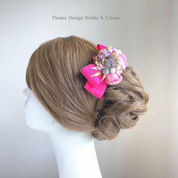 ピンクの薔薇とパールのリボンコーム　フラメンコ　お花のコーム　浴衣髪飾り　髪飾り　卒業袴　ダンス髪飾り 2枚目の画像