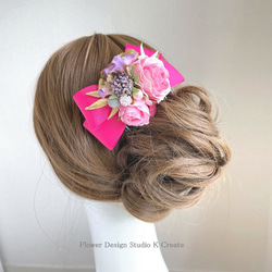 ピンクの薔薇とパールのリボンコーム　フラメンコ　お花のコーム　浴衣髪飾り　髪飾り　卒業袴　ダンス髪飾り 3枚目の画像