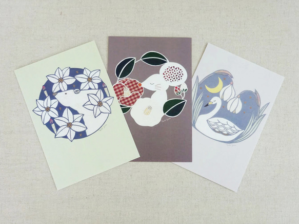 動物とお花のポストカード＜冬＞【原画は切り絵】 ポストカード miki