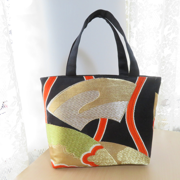 ハンドメイド・リメイクオーダー用 ハンドメイド 帯リメイクミニトートバック扇柄刺繍模様 トート
