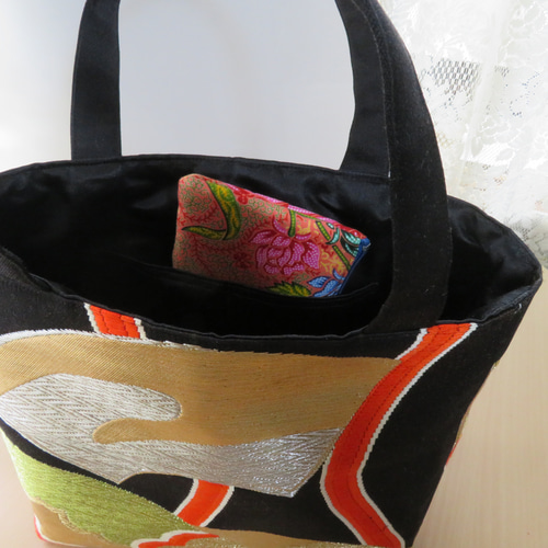 ハンドメイド・リメイクオーダー用 ハンドメイド 帯リメイクミニトートバック扇柄刺繍模様 トート