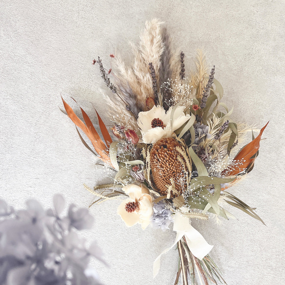 バンクシアとユーカリのブーケ＆ブートニア □ドライフラワーブーケ  