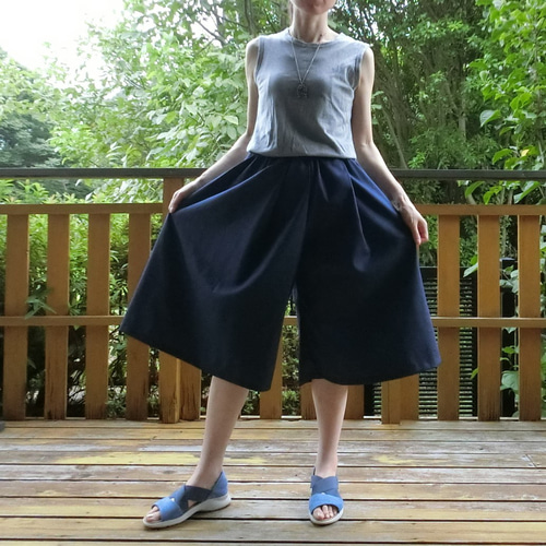 受注【ﾎﾟﾘ混デニム（薄手）】スカーチョ 見た目はｽｶｰﾄ♪ガウチョパンツ