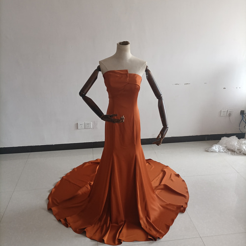 高級イタリアサテン製 テラコッタカラードレス Vネックドレス  