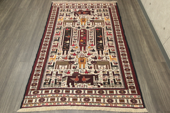 1点物】馬や鳥などたくさんのアニマルデザイン アフガンオールド手織り