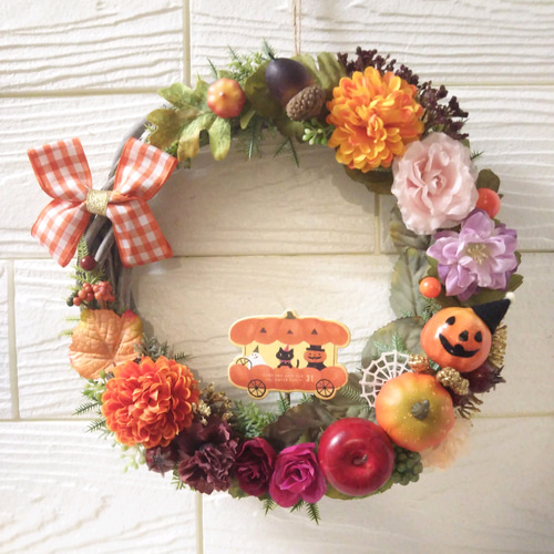 ハロウィン オータム リース お花いっぱい クレッセント ハロウィン  