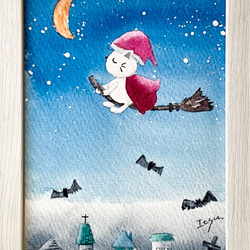 透明水彩画　A4ポスター「夜のハロウィン」北欧イラストポスター　ハロウィンポスター　猫　ネコ　ねこ　秋　三日月　星　月　 2枚目の画像