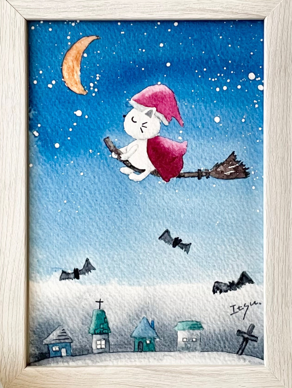 透明水彩画　A4ポスター「夜のハロウィン」北欧イラストポスター　ハロウィンポスター　猫　ネコ　ねこ　秋　三日月　星　月　 2枚目の画像