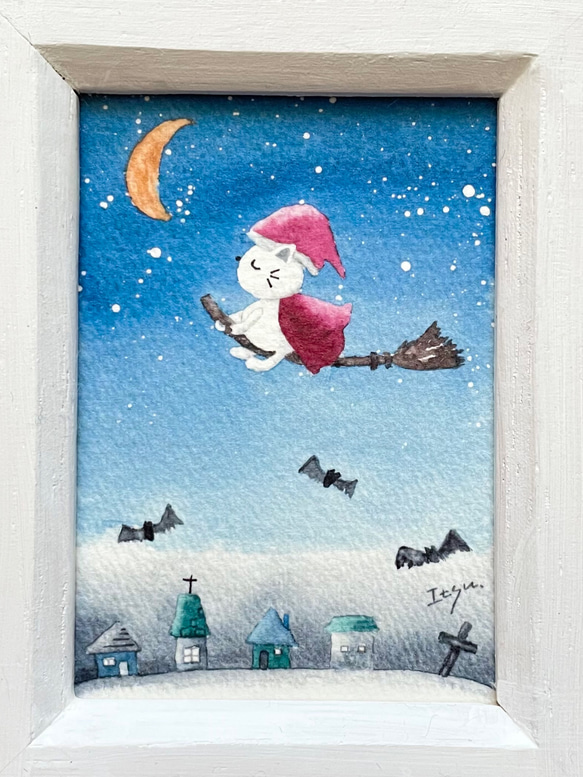 透明水彩画　ミニ額「夜のハロウィン」北欧イラスト　北欧インテリア　プチギフト  ハロウィンギフト　猫　ネコ　月　三日月　 4枚目の画像