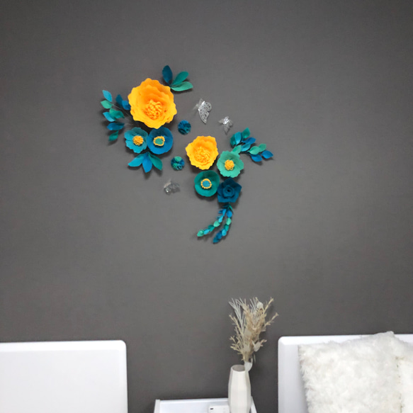 華やかウォールフラワーセット(黄色xブルー) お花　葉　蝶　壁飾り　カラフル 5枚目の画像