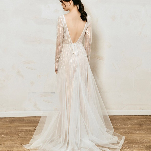 ディープV スパンコール長袖ウエディングドレス フォト 前撮り ドレス  