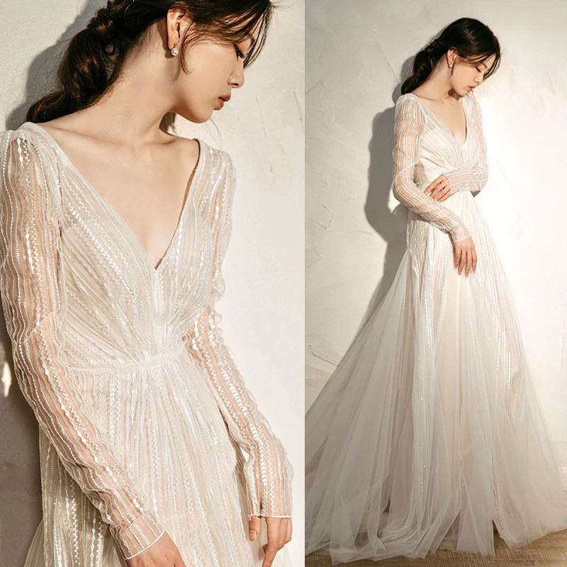 ディープV スパンコール長袖ウエディングドレス フォト 前撮り