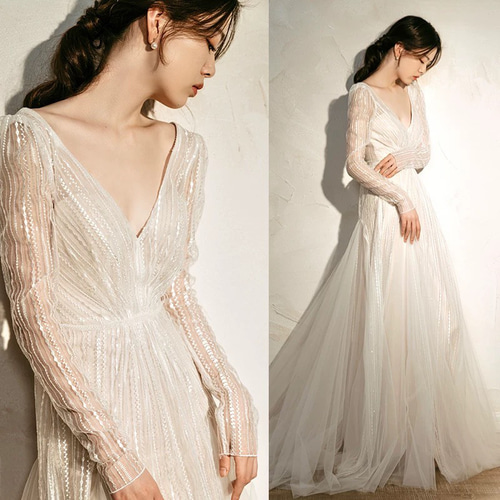 ディープV スパンコール長袖ウエディングドレス フォト 前撮り ドレス  