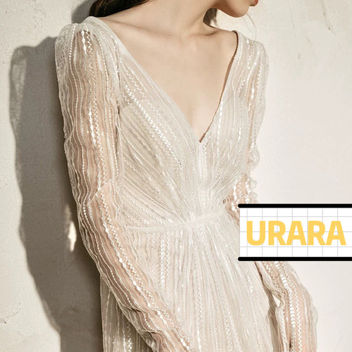 ディープV スパンコール長袖ウエディングドレス フォト 前撮り ドレス  