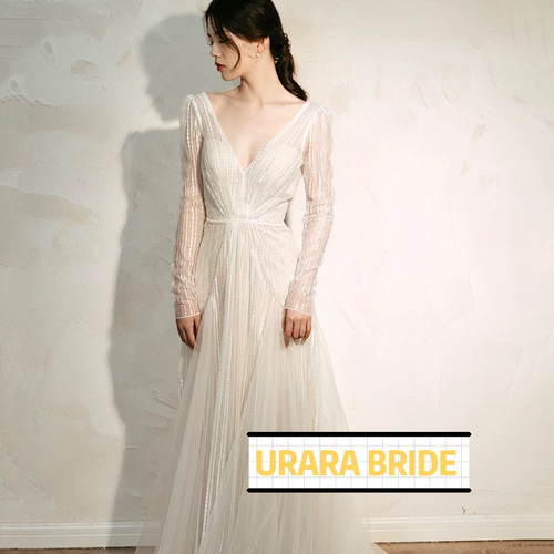 ディープV スパンコール長袖ウエディングドレス フォト 前撮り ドレス  