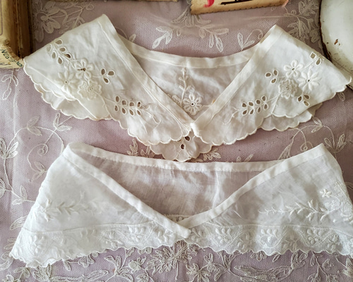 蚤の市　フランス　アンティーク　つけ襟　お花　チュールレース　タンバー　刺繍　1 蚤の市 フランス アンティーク つけ襟 お花 チュールレース タンバー