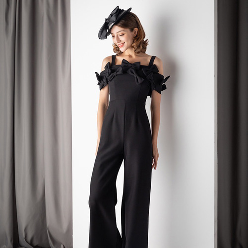 リボンオフショルダーブラックロングパンツパーティドレス その他  