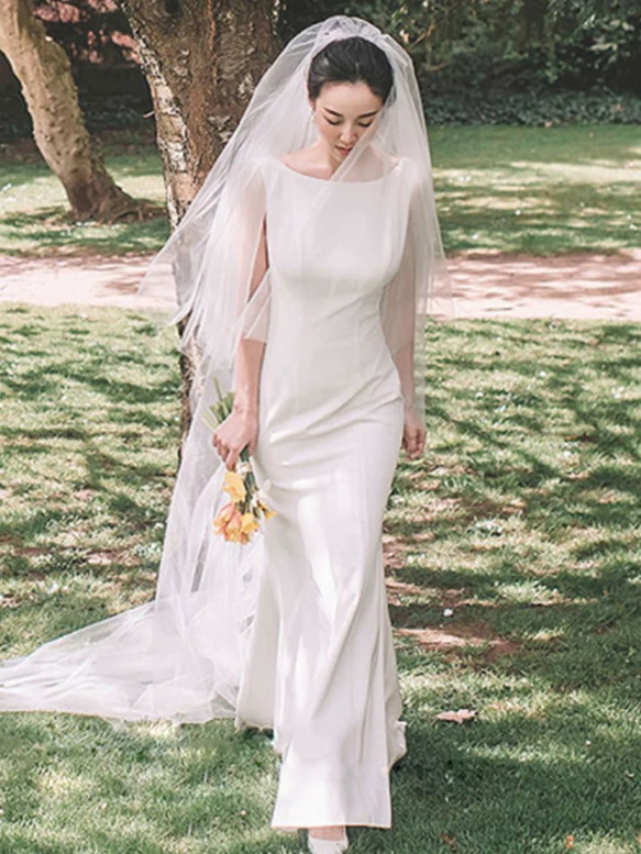 ノースリーブ シンプルサテン マーメイドウエディングドレス ウェディング リネン、麻、綿麻 N1619014978(12400円)