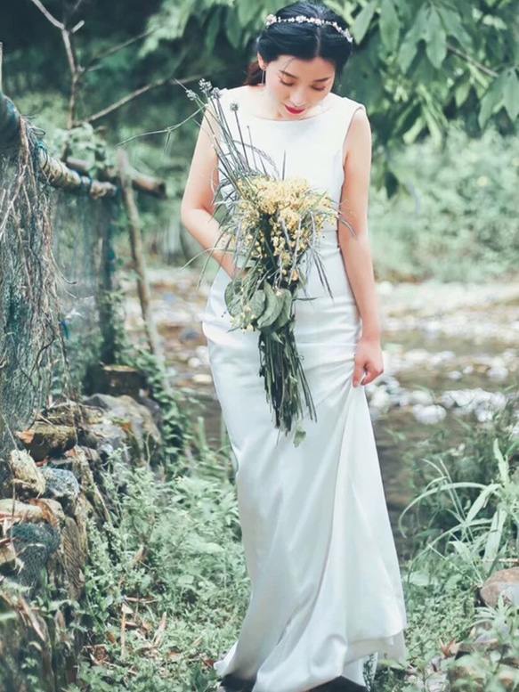 ノースリーブ シンプルサテン マーメイドウエディングドレス ウェディング リネン、麻、綿麻 N1619014978(12400円)