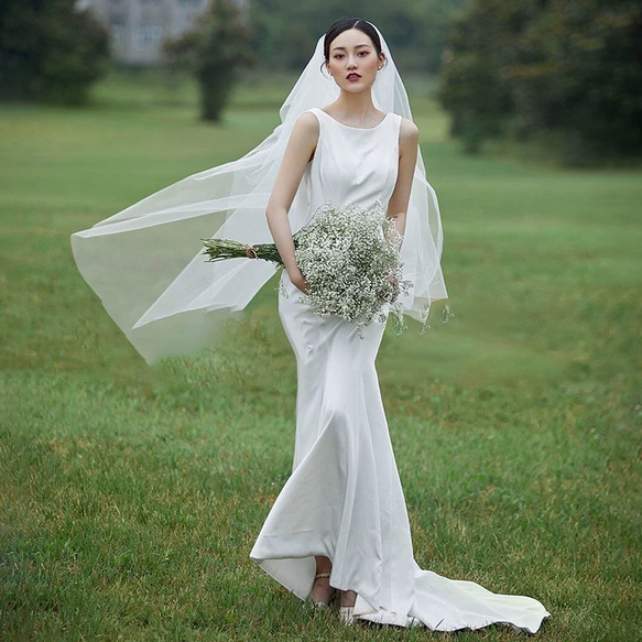 ノースリーブ シンプルサテン マーメイドウエディングドレス ウェディング リネン、麻、綿麻 N1619014978(12400円)