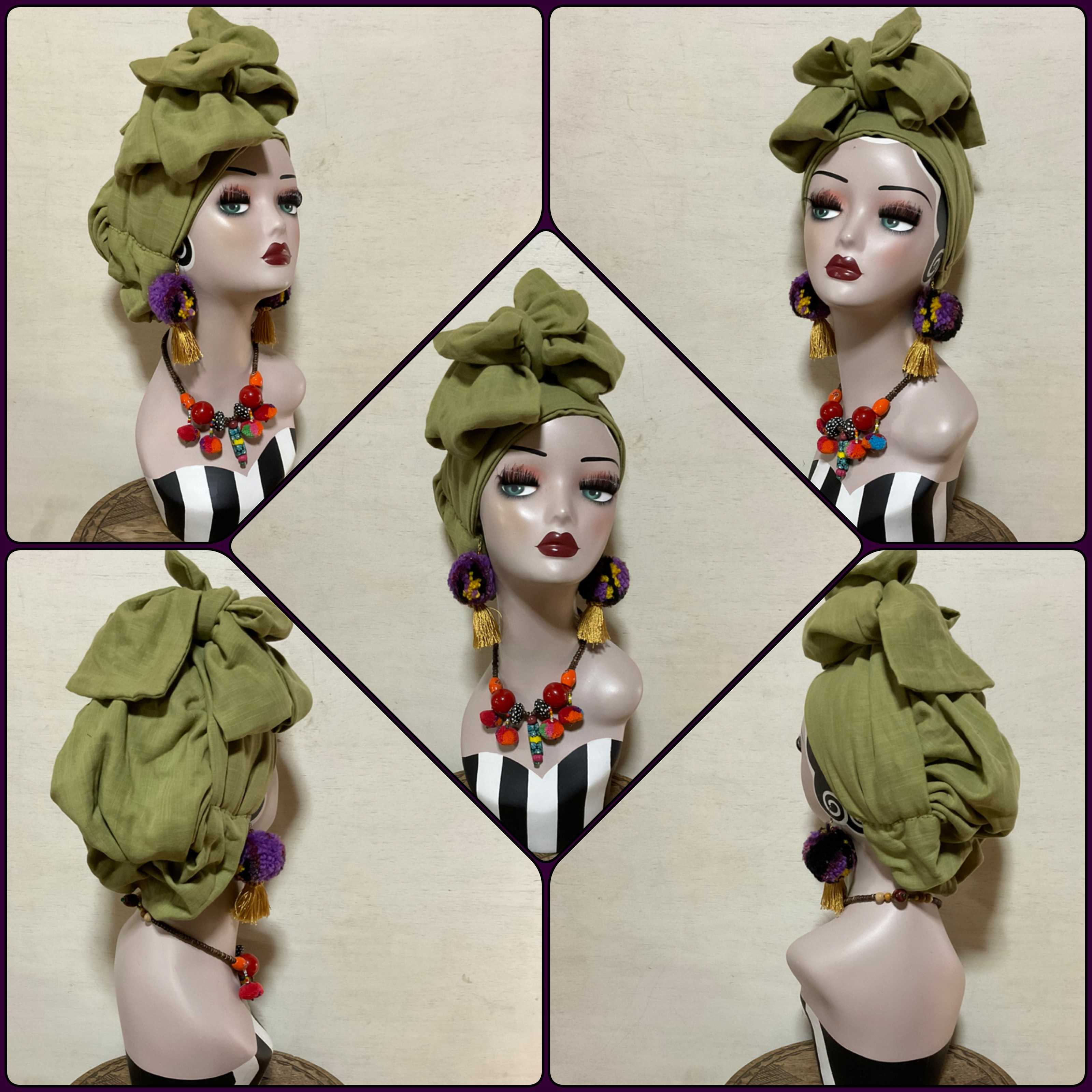 新作　オリーブ　若草色　顔まわりフラット　ロングリボンアレンジ帽子ターバン