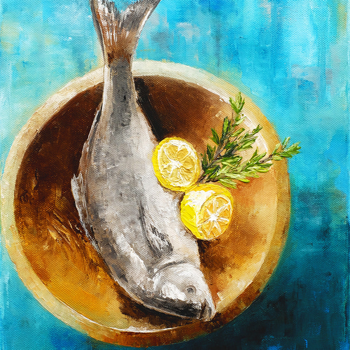 1991年】漁師と魚の手描き絵画 油絵 1991年】漁師と魚の手描き絵画