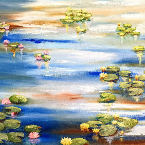 手描き 原画 油彩 「朝陽の蓮池」 絵画 Miu.Ch.Arts 通販 14610037