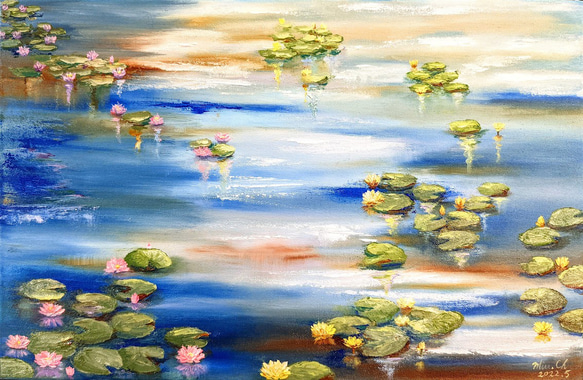 手描き 原画 油彩 「朝陽の蓮池」 3枚目の画像