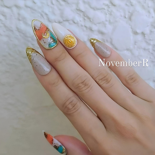 中古カチカチネイル LA577☆オイスターカッパーターコイズ×ミラーフレンチネイル