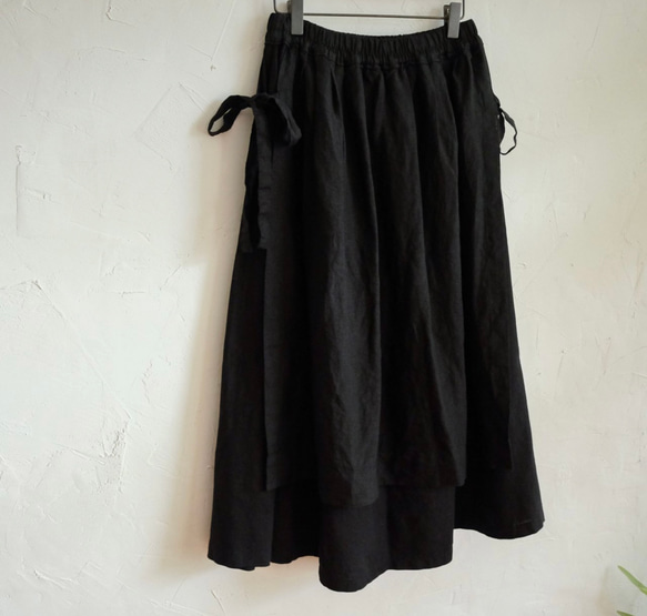 リネン.コットンの二重スカート(黒) 14枚目の画像