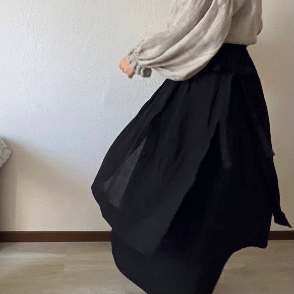 リネン.コットンの二重スカート(黒) 8枚目の画像