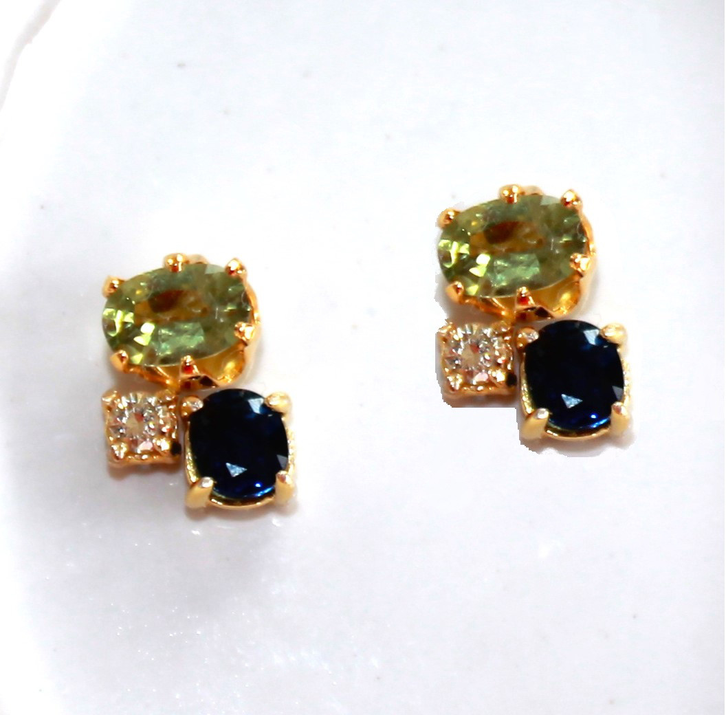 - Autumn -Blue & Green Sapphire & Diamond Earrings/Pierce