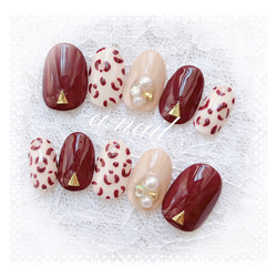 秋 ショートオーバル レオパード ボルドー ネイルチップ ネイルチップ