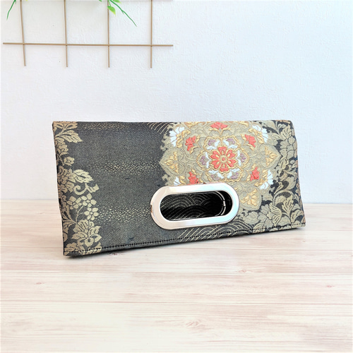 黒金刺繍 帯リメイク帯クラッチショルダー2ウェイバッグ