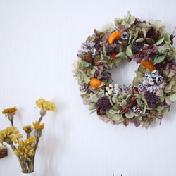ハロウィンカラー✳︎秋色紫陽花と木の実のリース◎18センチ 5枚目の画像