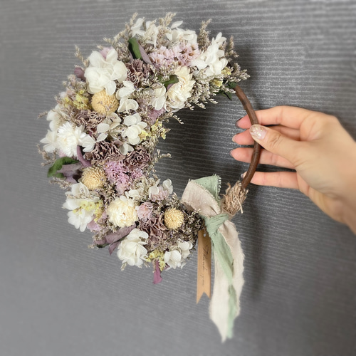 【SALE】アナベルと小花のハーフリース* * ラッピング無料 壁掛け 初夏 アナベルと小花のハーフリース* * ラッピング無料 壁掛け 初夏