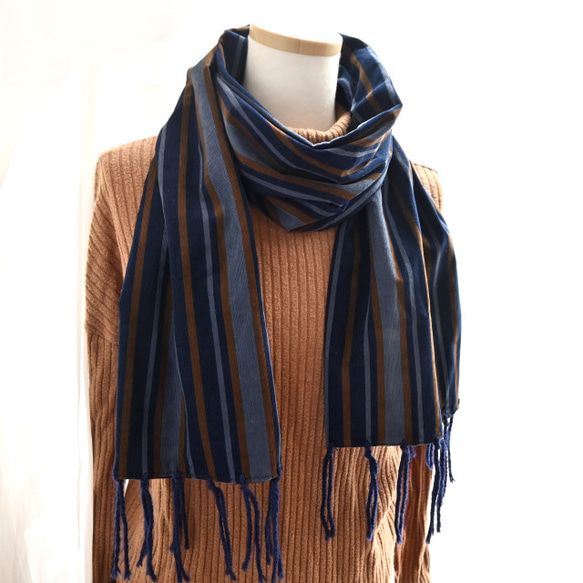 レトロ ストライプ柄 コーデュロイ×フリンジ＊異素材マフラー