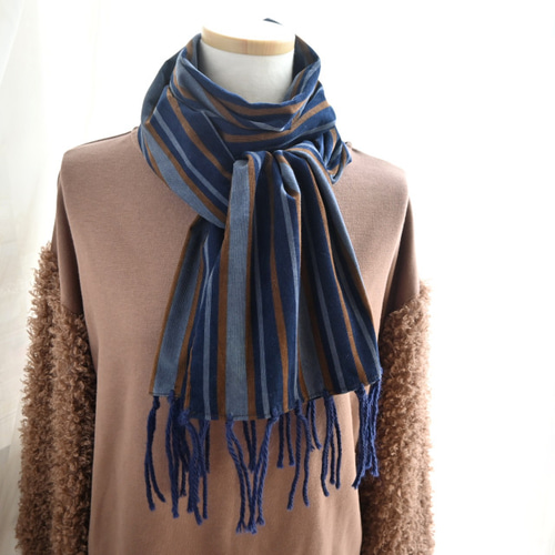 レトロ ストライプ柄 コーデュロイ×フリンジ＊異素材マフラー